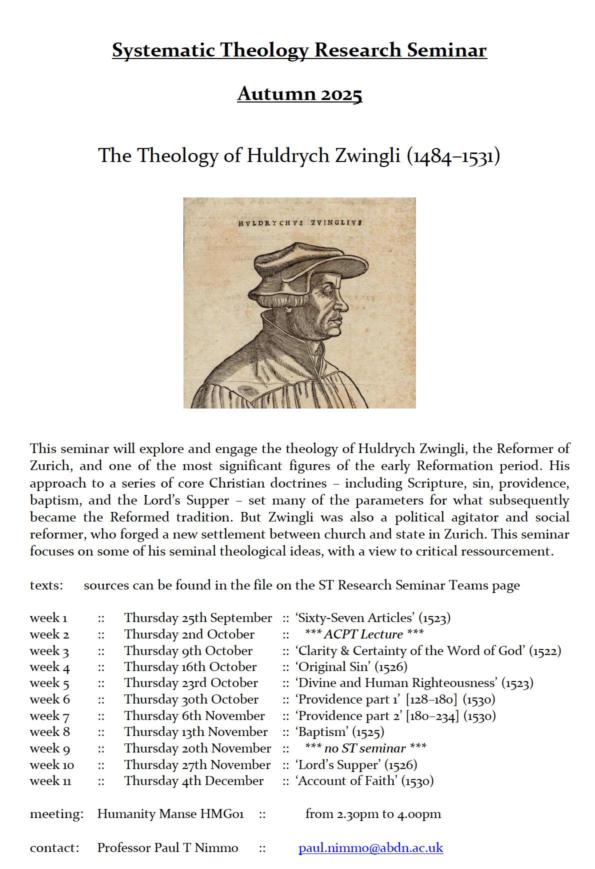 Systematic Theology Seminar schedule Fall 2025